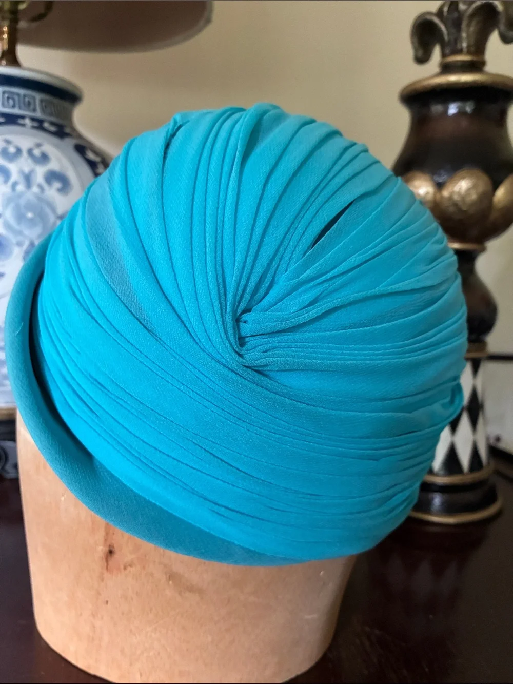 Vintage Turquoise Feather Trim Hat with Crystal Floral Accent